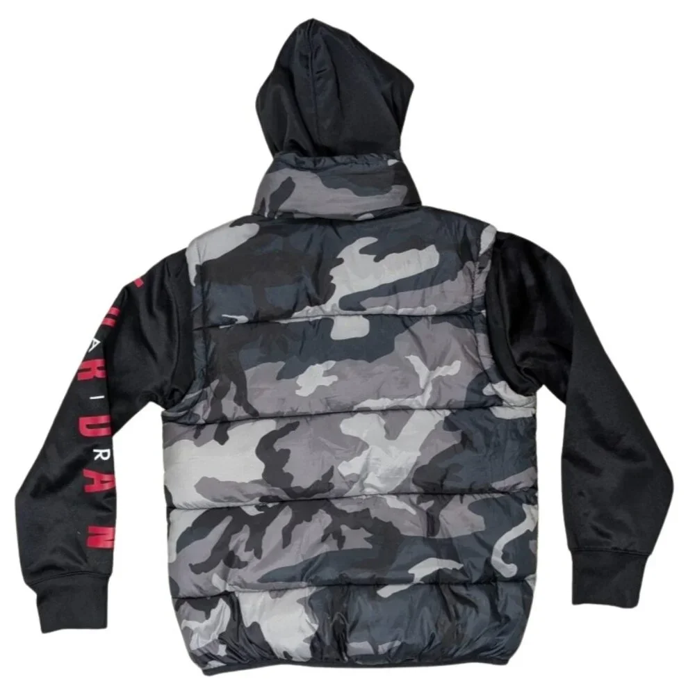 Jordan Youth Small 8-10 Grey Camo Puffer Vest Hoodie Jacket Red Fleece Lined